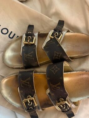 Louis Vuitton Monogram Buckle Slide Sandals - Brown/Gold